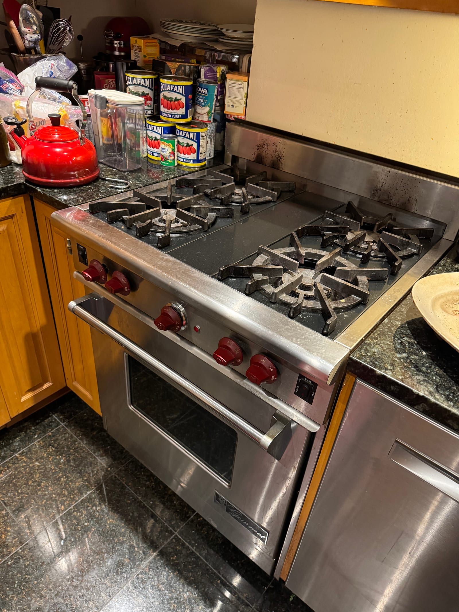 Wolf dual-fuel range during repair with grates removed